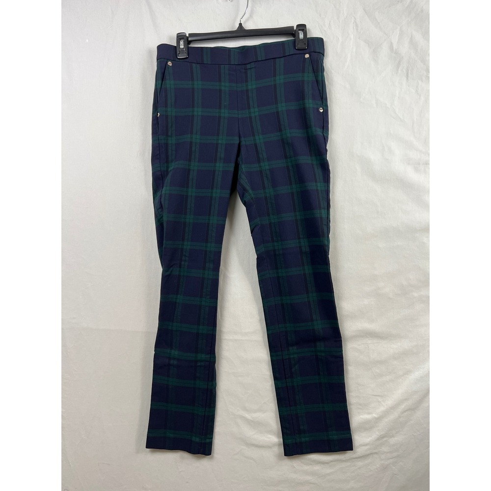 Anne Klein Plaid Trousers Womens M Navy Green Black Watch Tartan Slim Stretch